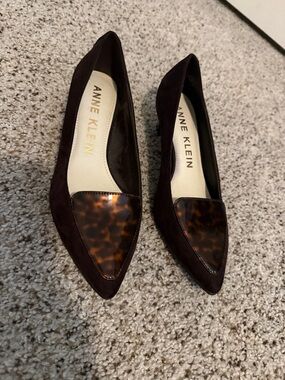 Anne Klein Dark Brown Pointed Loafers with Tortoiseshell Accent